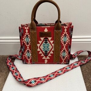 Wrangler Red Southwestern Pattern Tote with Brown Trim and Teal Accents